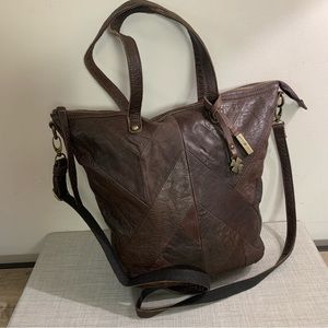 LUCKY BRAND Brown PATCHWORK Leather CHEVRON Big Shoulder CROSS BODY Purse BAG